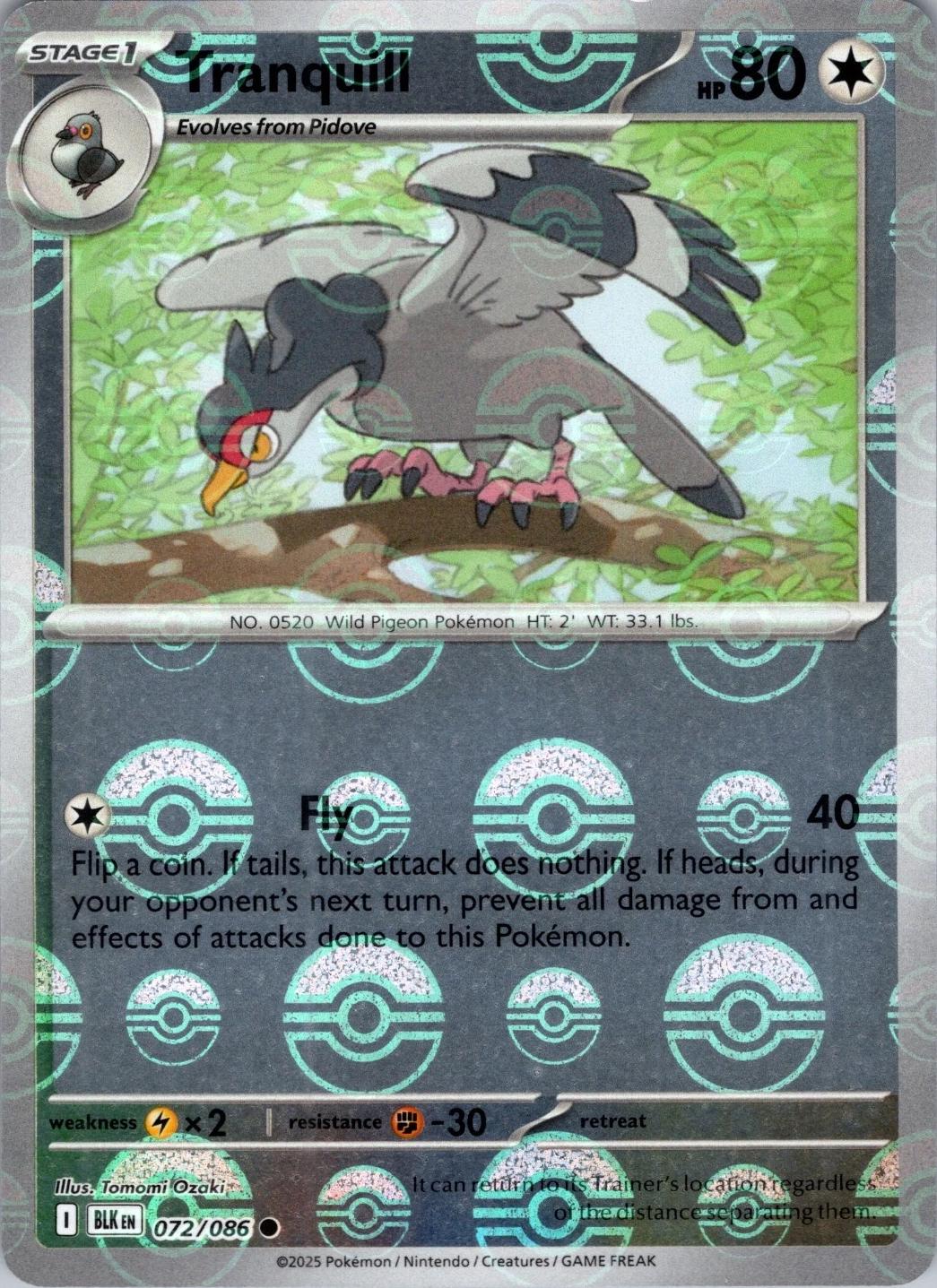 Tranquill (Poke Ball Pattern) - Holofoil 072/086 Black Bolt | Common Pokemon Card