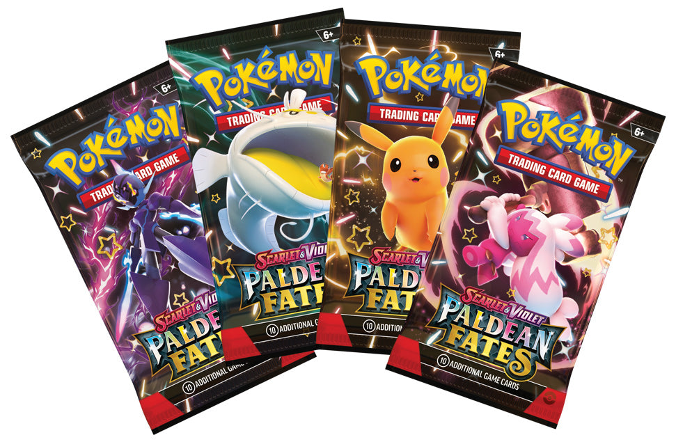 Four Pokémon trading card game packs on a white background