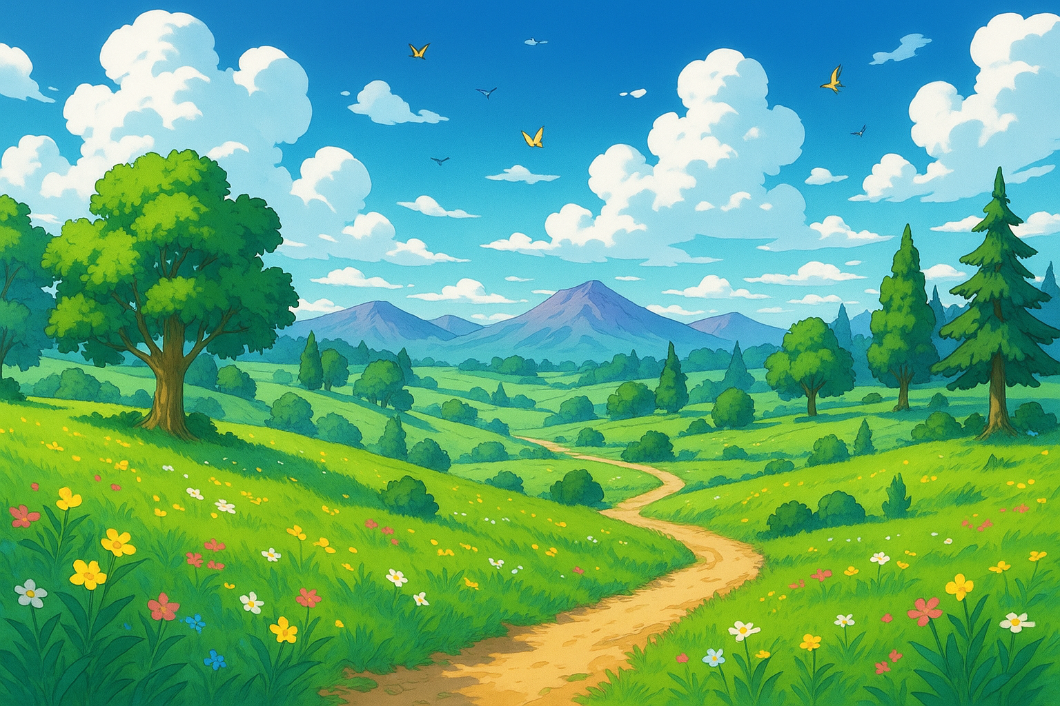 Create a background image for an email signup card that is in the style of pokemon anime cartoon show but without infringing on copyright issues. It should be a shot of the outside or a view of landscape... fanart style