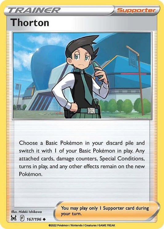 Pokémon trading card featuring a character named Thornton with a Poké Ball.