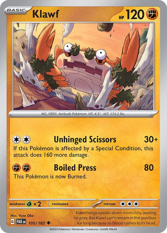 Klawf - Reverse Holofoil 105/182 Paradox Rift | Uncommon Pokemon Card
