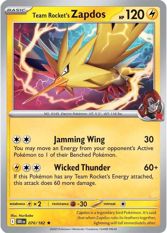 Team Rocket's Zapdos - Reverse Holofoil 070/182 Destined Rivals | Rare Pokemon Card