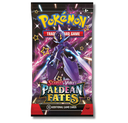 Pokémon trading card game pack featuring a character from Paldean Fates on a white background